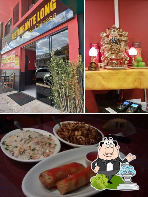 Dê uma olhada a ilustração mostrando exterior e comida no Restaurante Long