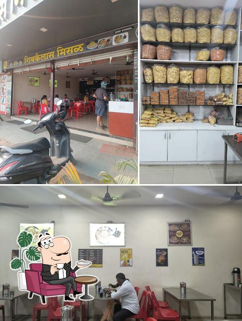 Check out the image depicting interior and food at Shiv Kailas Misal & Bhel